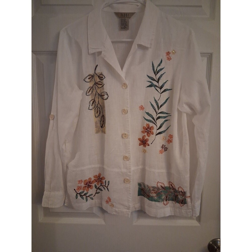 Vintage Teddi Embroidered Button Down Blouse Sz S Floral Botantical